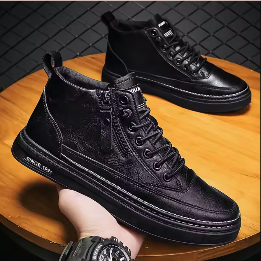 Pu leather upper lace up zipper men's flat platform walking shoes sneakers for man